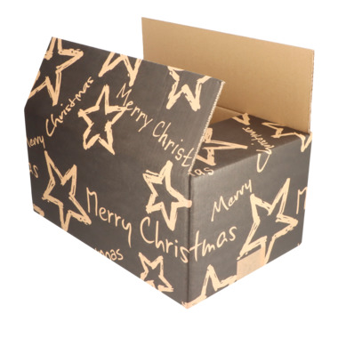 Scatola per spedizione motivo Christmas Stars, terra, 390 x 290 x 300 mm, nero